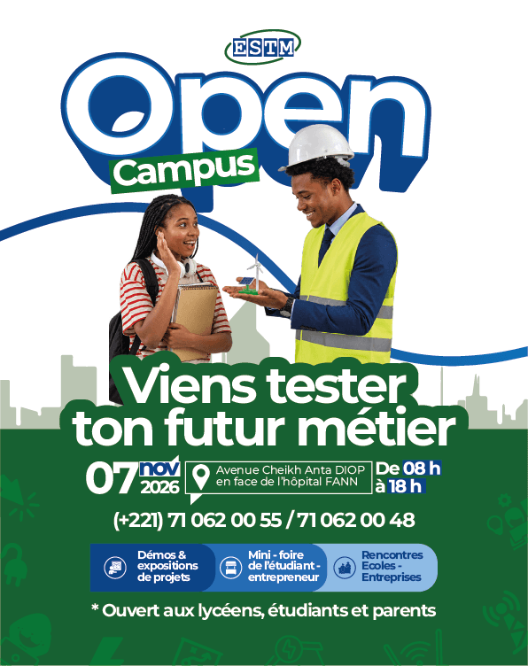 Affiche officielle de l'Open Campus ESTM : « Viens tester ton futur métier », le 7 novembre 2026, de 8 h à 18 h, avenue Cheikh Anta Diop, en face de l'hôpital Fann.